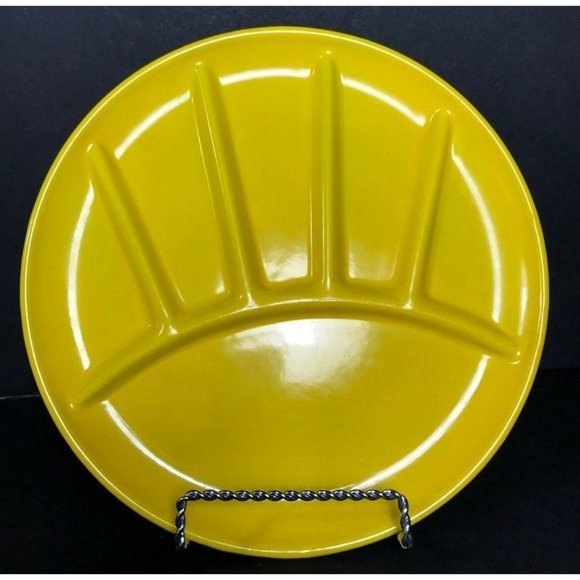 1 Vintage yellow MCM enamel divided dish Mid century modern metal fondue plate, - Picture 6 of 10